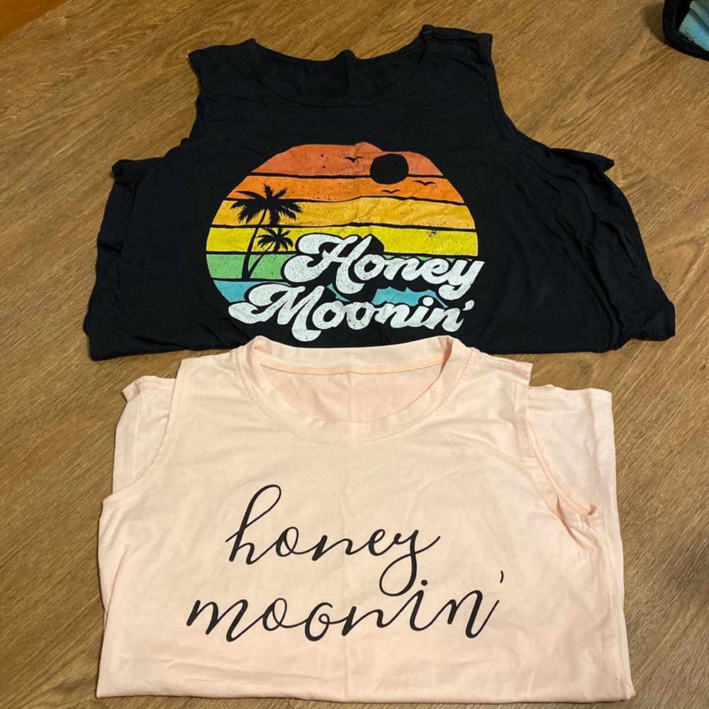 His & Hers sleeveless honey moonin’ tees